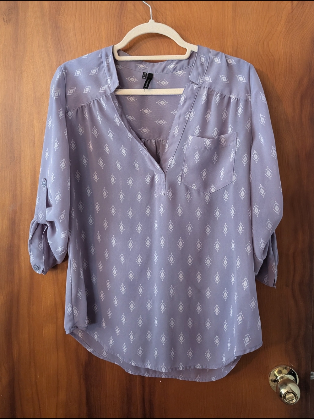 Maurices Light Grey Printed V-Neck Roll-Tab Blouse